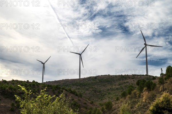 Wind turbines near the village of Quintanilla-Pedro Abarca, municipality of Huérmeces, province of Burgos, Castile-León, Spain, Europe