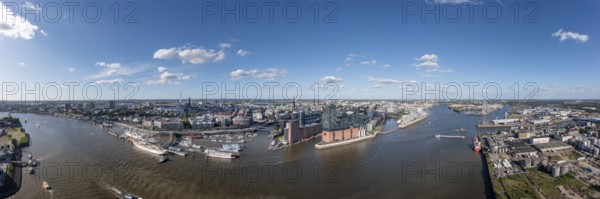 Large panorama, aerial photo, drone photo, Elbe, skyline harbour with museum ships, container harbour, Elbe Philharmonic Hall, Hamburg, Germany, Europe