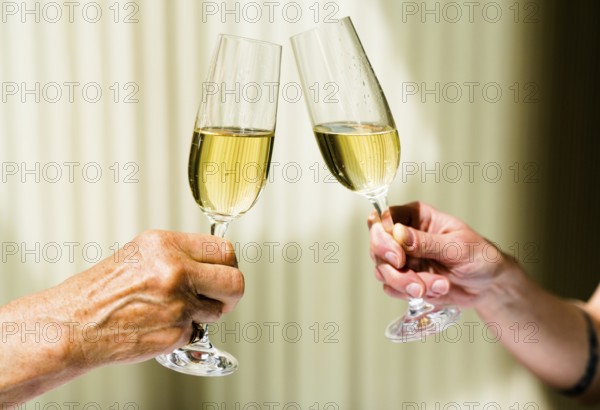 detail view of a grandmother toasting with champagne glasses with her daughter