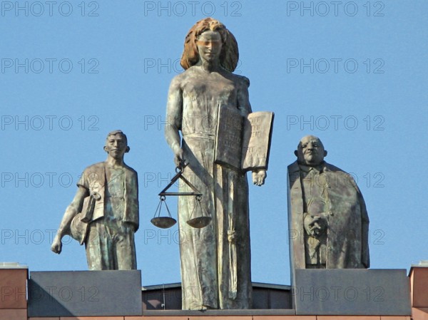 Justitia sculpture, on roof of district court, Darmstadt, Hesse, Germany, Europe