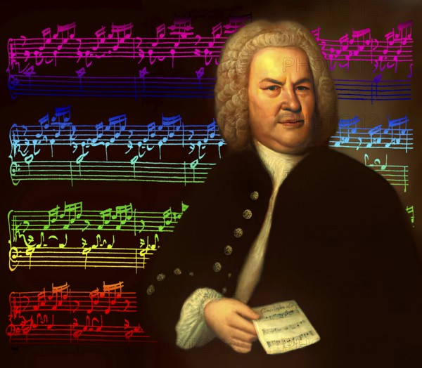 Johann Sebastian Bach, 1685, 1750, German composer, digital edited according to a painting by Elias Gottlob Haussmann, Bach's autograph of Das Wohltemperierte Klavier, The Well-Tempered Clavier, BWV 846-893
