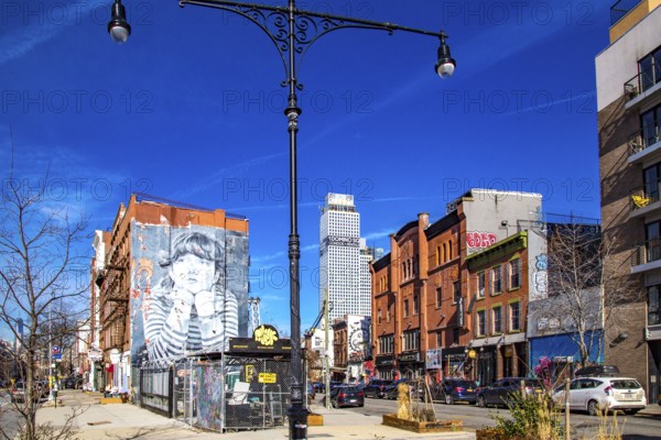 Street scene with mural in Williamsburg, a trendy neighbourhood in Brooklyn, New York City