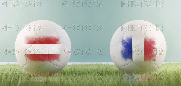 Austria vs France football match infographic template for Euro 2024 matchday scoreline announcement. Two soccer balls with country flags placed against each other on the green grass with copy space. AI generated art