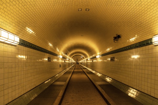 Old historic Elbtunnel, warm light, Landungsbrücken, harbour, Hamburg