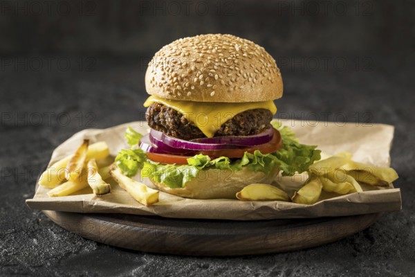 Front view burger fries plate. Resolution and high quality beautiful photo