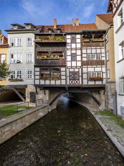 Half-timbered houses on the Krämerbrücke over the Gera, Erfurt, Thuringia, Germany, Europe