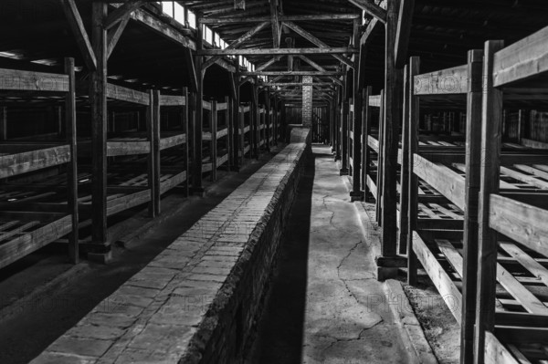 Auschwitz, Poland - 15 September, 2021: black and white view of view of the interior of one of the wooden prisoner barracks in the Auschwitz concentration camp in Poland