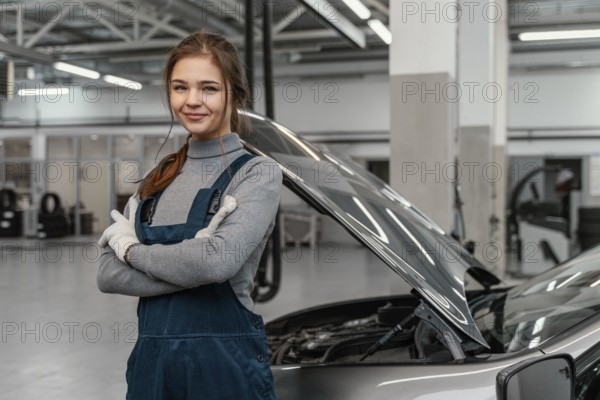 Young woman working car service