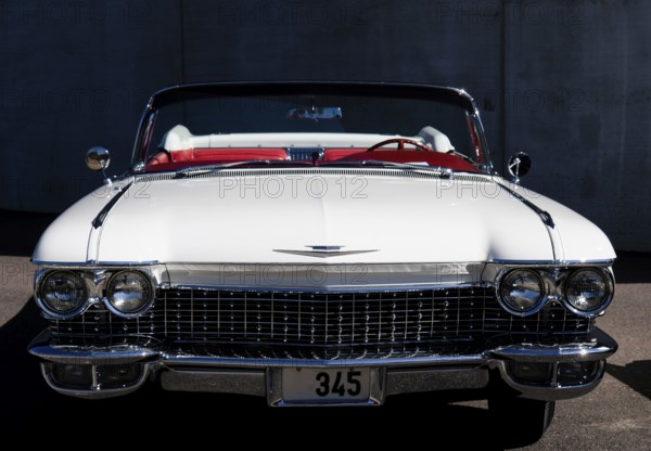 American classic car, Cadillac Eldorado, white with red leather seats, front view, Töcksfors, Värmland, Sweden, Europe