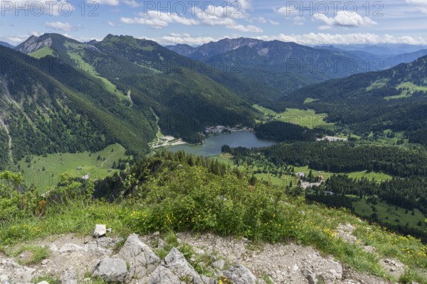 View from the Brecherspitze to the Spitzingsee, behind Hochmiesing, Rotwand, Hinteres Sonnwendjoch, Spitzingsee, Mangfall mountains, Upper Bavaria, Germany, Europe