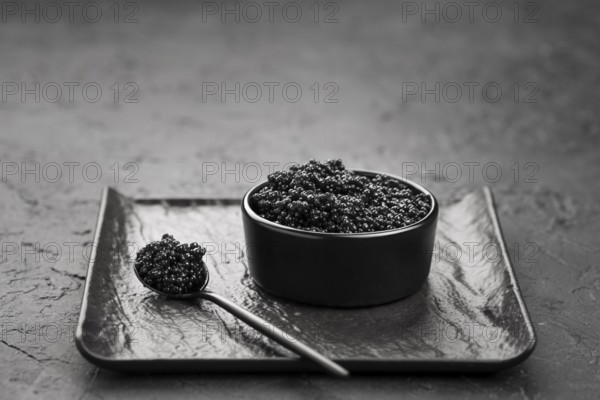 High angle bowl with black caviar. High resolution photo