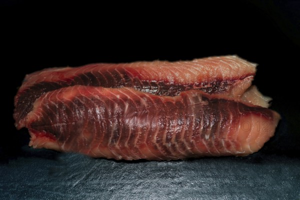 Trimmed fillets of grass carp (Ctenopharyngodon idella), also known as white Amur, wild catch from Myramar, food photography with black background