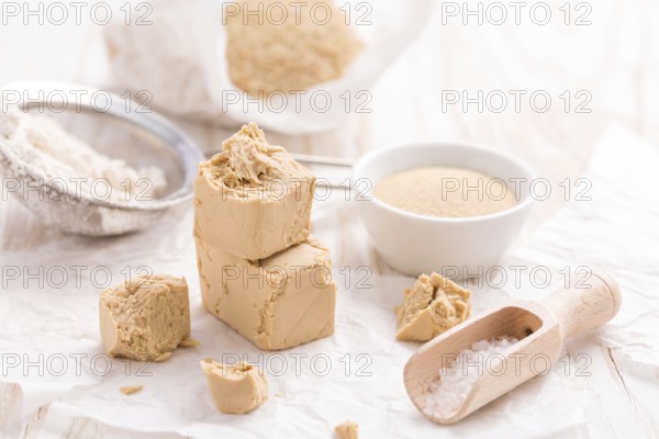 Fresh and dried yeast with baking ingredients on white background