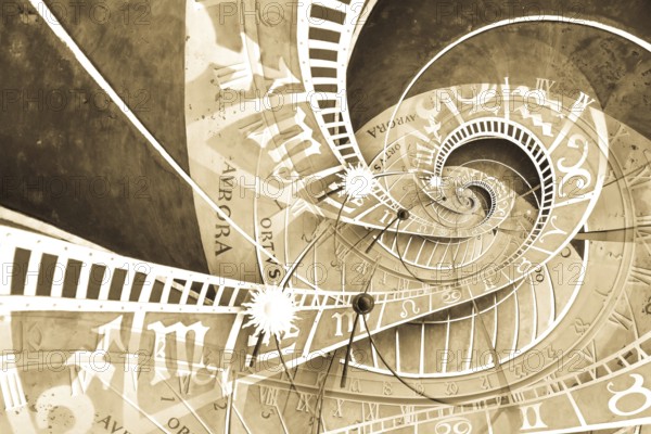 Droste effect background based on Prague astronimical clock. Abstract design for concepts related to astrology, fantasy, time and magic