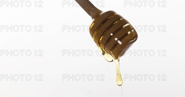 Honey Flowing from Spoon against White Background