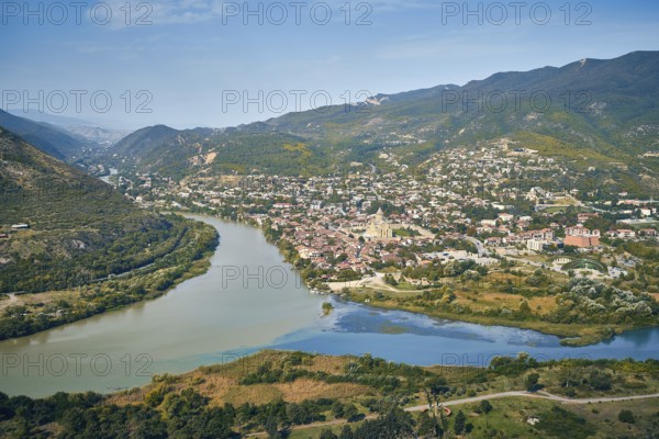 Panoramic view of the Aragvi and Kura rivers confluence and Mtskheta city seen from Jvari monastery
