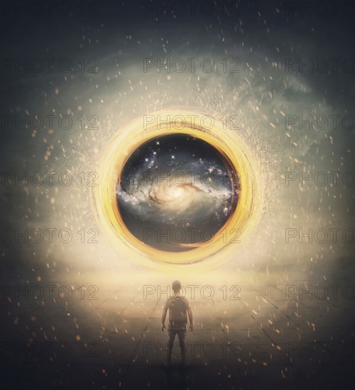 Surreal portal for teleportation as an abstract glowing circular twirl with spinning sparks. Mystery scene with a man finding a entry to another galaxy. Magical wormhole entrance, time travel