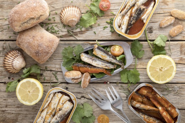 Top view seafood with lemon oysters
