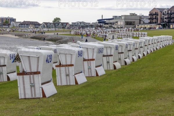 White beach chairs on the dyke, Büsum, North Frisia, Schleswig-Holstein, Germany, Europe