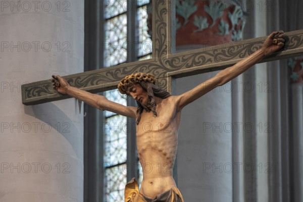 Crucifix in the high choir of Altenberg Cathedral (also known as Bergischer Dom), former monastery church of Altenberg Abbey built by the Cistercians since 1133, since 1857 simultaneous church for the Protestant and Catholic churches, Odenthal, North Rhine-Westphalia, Germany, Europe