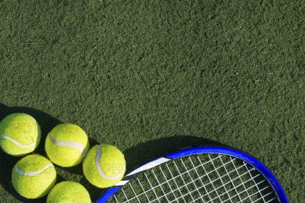 Top view tennis balls racket. High resolution photo
