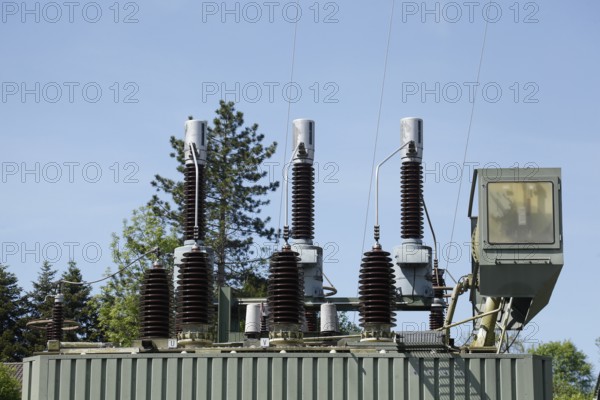 Substation with insulators, Prien am Chiemsee, Bavaria, Germany, Europe