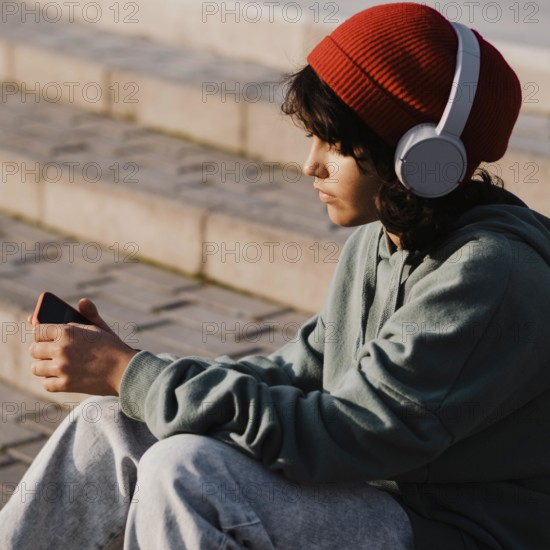 Teenager outdoors using smartphone listening music headphones