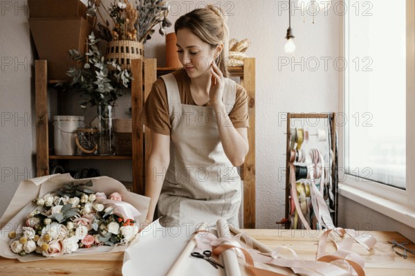 Young woman making pretty floral arrangement