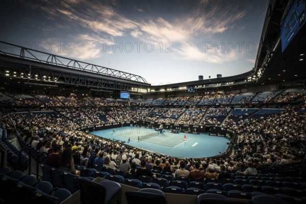 MELBOURNE, AUSTRALIA, JANUARY 24: Taylor Fritz of USA vs Stefanos Tsitsipas of Greece on day 8 of the 2022 Australian Open at Melbourne Park on January 24, 2022 in Melbourne, Australia, Oceania