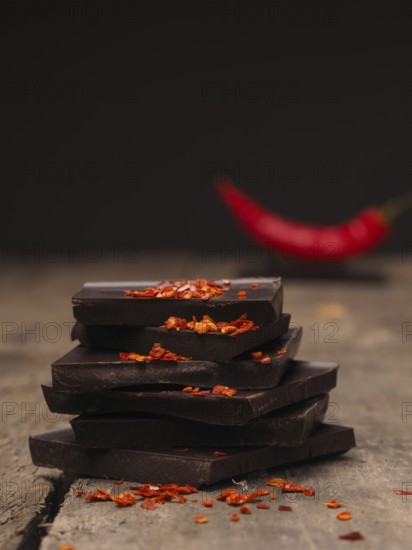 Pile of chocolate with chili flakes on a rustic wooden table