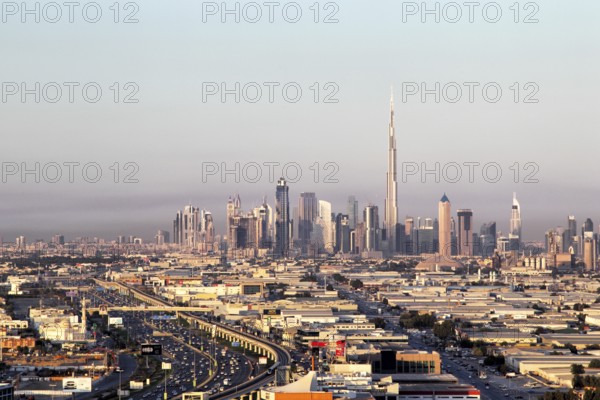 Skyline of Dubai with the tallest building in the world, the Burj Khalifa, photographed from the Mall of the Emirates