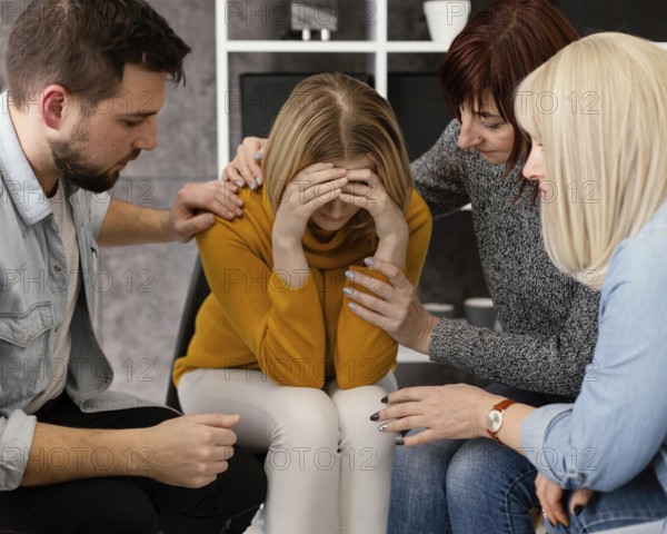 Group therapy comforting woman