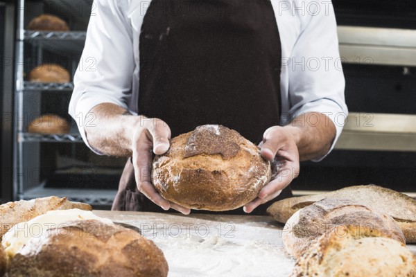 Close up male baker showing loaf bread