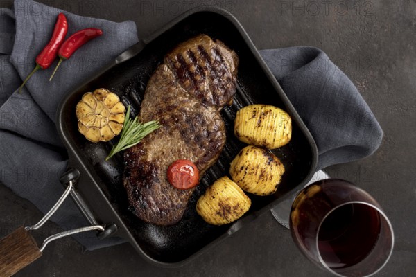 Grilled meat with vegetables wine