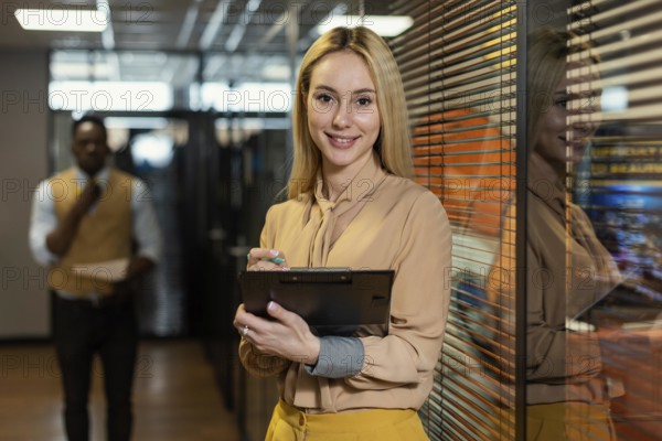 Smiley woman holding clipboard workplace