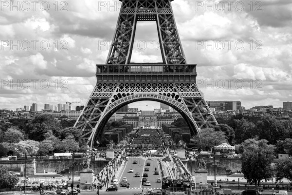 Paris, France, May 12, 2017: View of the famous Eiffel Tower in black and white, Europe