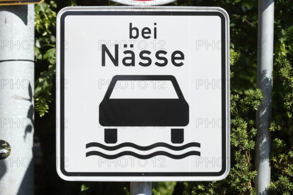 Traffic sign in wet conditions, Germany, Europe
