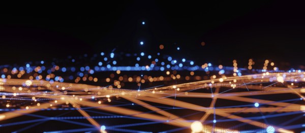 Blue and orange illumination grid pattern, communication technology for internet business. Global world network and telecommunication concept, 3d rendering
