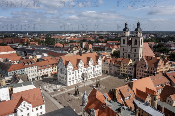 Drone shot, aerial view, drone photo, picture from above, historic town church St. Marien, view over the market place and half-timbered houses to the castle church, Luther city Wittenberg, Saxony-Anhalt, Germany, Europe