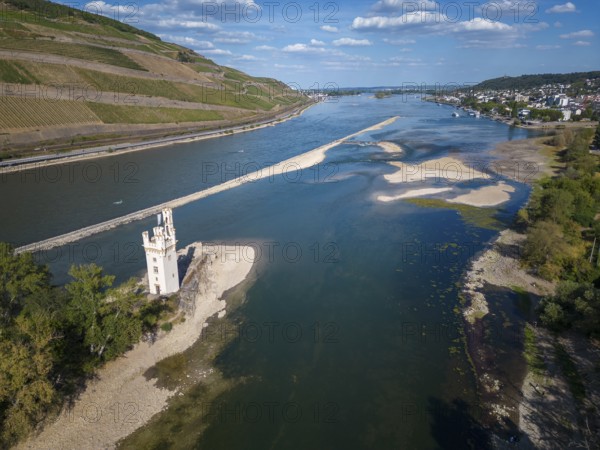 Aerial view with Rhine and Mäuseturm during extremely low water in the drought summer of 2022, Bingen am Rhein, Rhineland-Palatinate, Germany, Europe