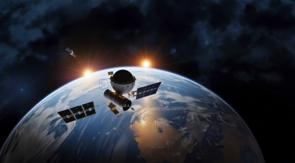 Satellite spacecraft in earth orbit in space, space monitoring concept, AI generated