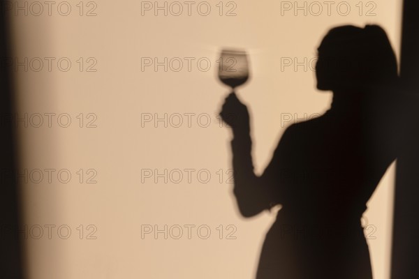 Silhouettes woman drinking wine. High resolution photo