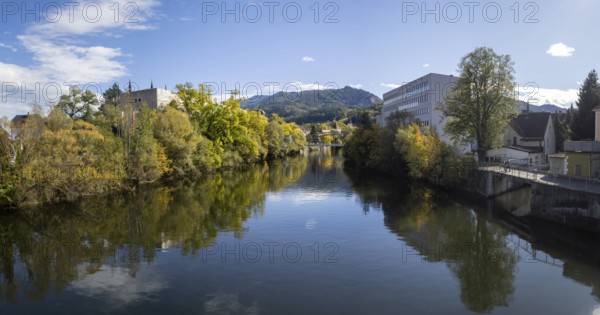 View over the Mur to Mount Mugel, Waasenbrücke, panoramic view, Leoben, Styria, Austria, Europe