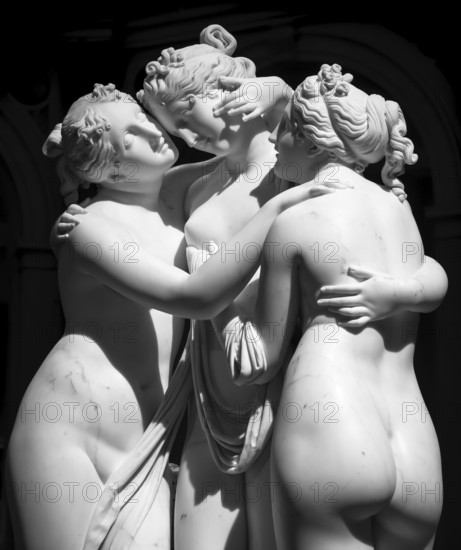 MILAN, ITALY - CIRCA JUNE 2020: Antonio Canova?s statue The Three Graces (Le tre Grazie). Neoclassical sculpture, in marble, of the mythological three charites (made in Rome) (1814-1817)