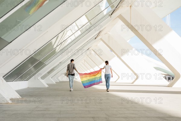 lgbt couple holding rainbow flag. High resolution photo