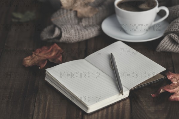 Notebook with pen, hot coffee cappucino, blanket and autumn leaves on old wooden background. Vintage tonning. Autumn concept