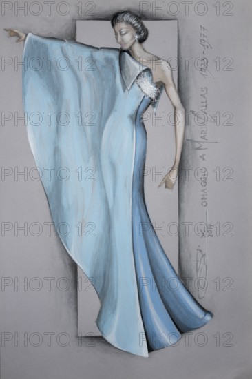 Homage to Maria Callas, evening dress, fashion sketch, fashion design, women's fashion, haute couture collection, pencil drawing, mixed media, biros, felt-tip pen, watercolour, pastel, acrylic tempera, acrylic, on paper, elegant, feminine, subtle
