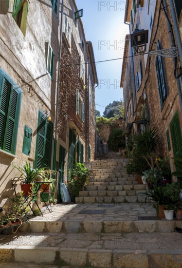 Stairway in the mountain village of Banyalbufar, Serra de Tramuntana, Majorca, Balearic Islands, Spain, Europe
