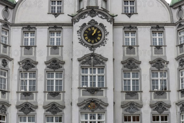 Detail of the historic town hall with Renaissance-style clock on the market square in the old town centre, Memmingen, Swabia, Bavaria, Germany, Europe