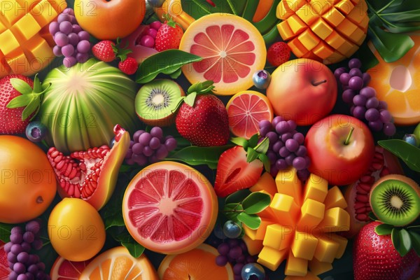 Colorful and artfully arranged slices of fruits like mangoes, strawberries, and kiwi, 3D digital illustration, AI generated